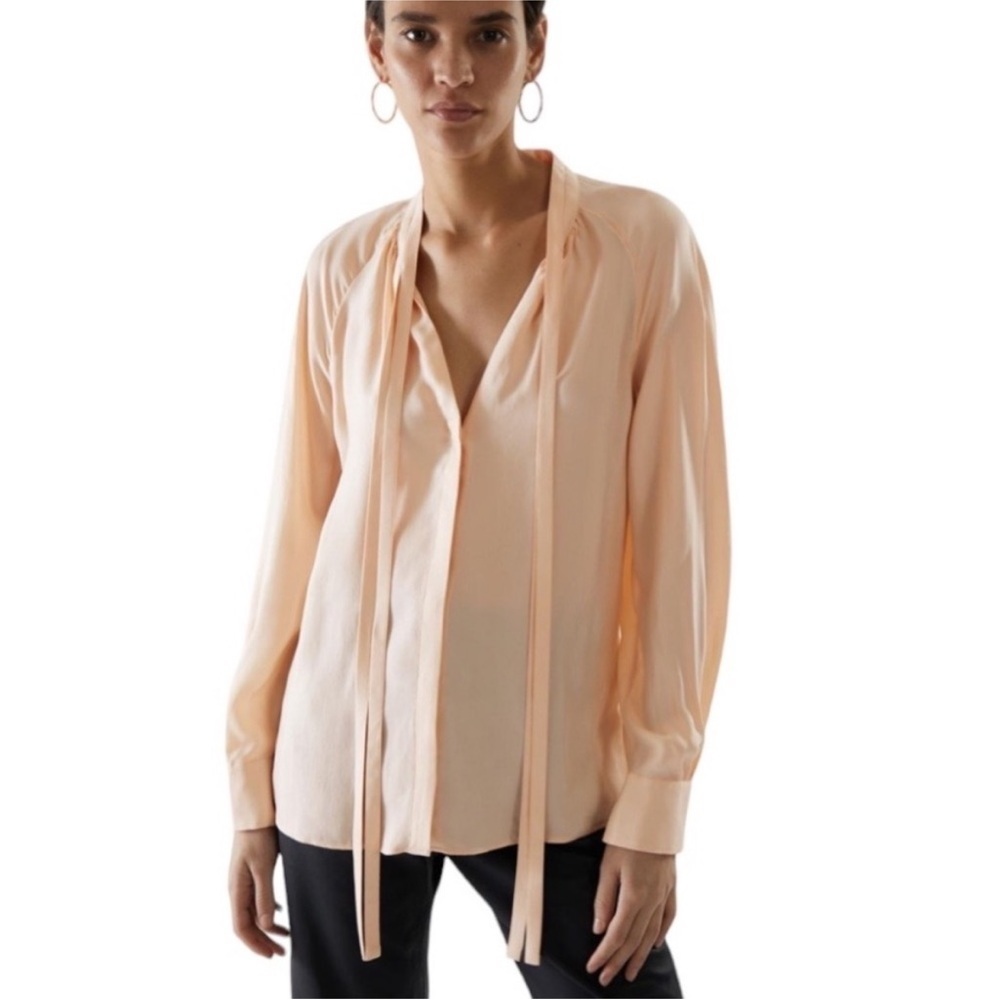 COS Tie Neck Light Peach Cupro Pussycat Blouse 12 button up long sleeve relaxed